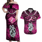Personalised Maori Matariki Manaia Mawhero Couples Matching Off Shoulder Maxi Dress and Hawaiian Shirt Maori Kowhaiwhai Pattern Galaxy