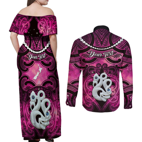 Personalised Maori Matariki Manaia Mawhero Couples Matching Off Shoulder Maxi Dress and Long Sleeve Button Shirt Maori Kowhaiwhai Pattern Galaxy