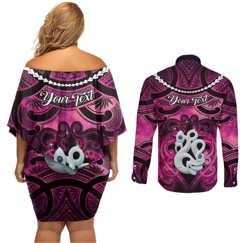 Personalised Maori Matariki Manaia Mawhero Couples Matching Off Shoulder Short Dress and Long Sleeve Button Shirt Maori Kowhaiwhai Pattern Galaxy