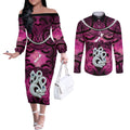 Personalised Maori Matariki Manaia Mawhero Couples Matching Off The Shoulder Long Sleeve Dress and Long Sleeve Button Shirt Maori Kowhaiwhai Pattern Galaxy