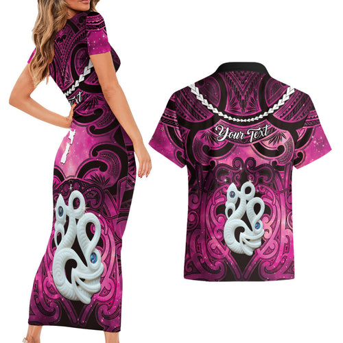 Personalised Maori Matariki Manaia Mawhero Couples Matching Short Sleeve Bodycon Dress and Hawaiian Shirt Maori Kowhaiwhai Pattern Galaxy