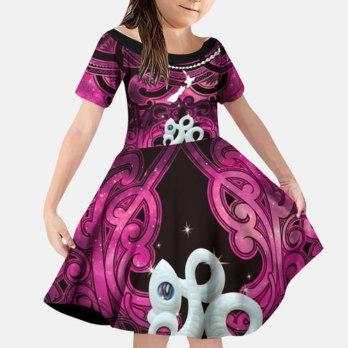 Personalised Maori Matariki Manaia Mawhero Family Matching Off The Shoulder Long Sleeve Dress and Hawaiian Shirt Maori Kowhaiwhai Pattern Galaxy
