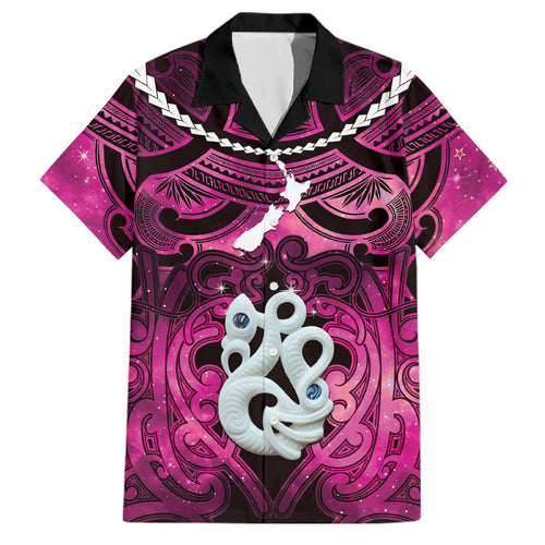 Personalised Maori Matariki Manaia Mawhero Family Matching Off Shoulder Short Dress and Hawaiian Shirt Maori Kowhaiwhai Pattern Galaxy