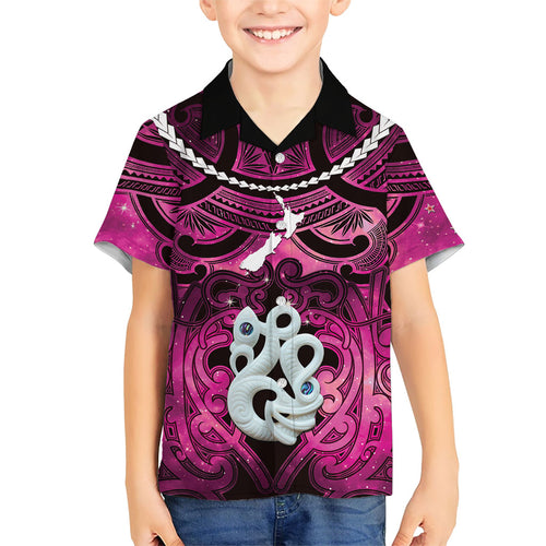 Personalised Maori Matariki Manaia Mawhero Family Matching Short Sleeve Bodycon Dress and Hawaiian Shirt Maori Kowhaiwhai Pattern Galaxy
