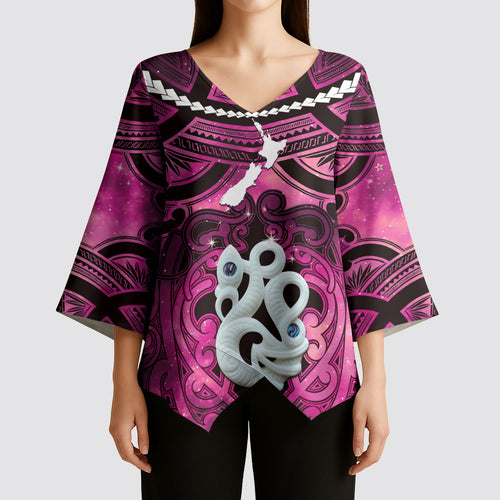 Personalised Maori Matariki Manaia Mawhero Kimono Sleeve Blouse Maori Kowhaiwhai Pattern Galaxy