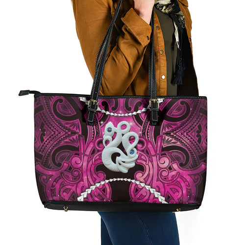 Maori Matariki Manaia Mawhero Leather Tote Bag Maori Kowhaiwhai Pattern Galaxy