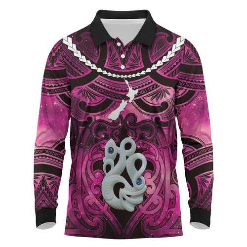Personalised Maori Matariki Manaia Mawhero Long Sleeve Polo Shirt Maori Kowhaiwhai Pattern Galaxy