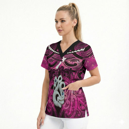 Personalised Maori Matariki Manaia Mawhero Scrub Top Maori Kowhaiwhai Pattern Galaxy