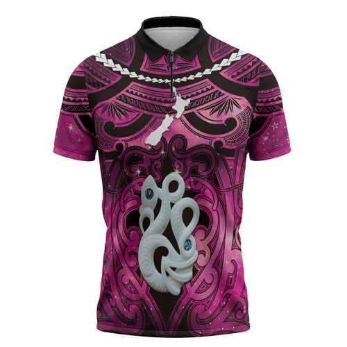 Personalised Maori Matariki Manaia Mawhero Zipper Polo Shirt Maori Kowhaiwhai Pattern Galaxy