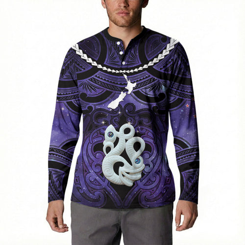 Personalised Maori Matariki Manaia Waiporoporo Button Sweatshirt Maori Kowhaiwhai Pattern Galaxy