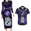 Personalised Maori Matariki Manaia Waiporoporo Couples Matching Long Sleeve Bodycon Dress and Hawaiian Shirt Maori Kowhaiwhai Pattern Galaxy