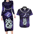 Personalised Maori Matariki Manaia Waiporoporo Couples Matching Long Sleeve Bodycon Dress and Hawaiian Shirt Maori Kowhaiwhai Pattern Galaxy