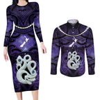 Personalised Maori Matariki Manaia Waiporoporo Couples Matching Long Sleeve Bodycon Dress and Long Sleeve Button Shirt Maori Kowhaiwhai Pattern Galaxy