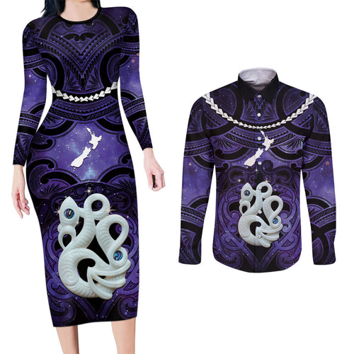 Personalised Maori Matariki Manaia Waiporoporo Couples Matching Long Sleeve Bodycon Dress and Long Sleeve Button Shirt Maori Kowhaiwhai Pattern Galaxy