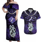 Personalised Maori Matariki Manaia Waiporoporo Couples Matching Off Shoulder Maxi Dress and Hawaiian Shirt Maori Kowhaiwhai Pattern Galaxy