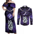 Personalised Maori Matariki Manaia Waiporoporo Couples Matching Off Shoulder Maxi Dress and Long Sleeve Button Shirt Maori Kowhaiwhai Pattern Galaxy
