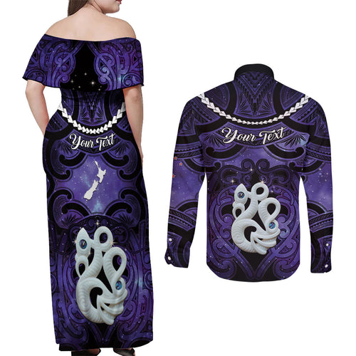 Personalised Maori Matariki Manaia Waiporoporo Couples Matching Off Shoulder Maxi Dress and Long Sleeve Button Shirt Maori Kowhaiwhai Pattern Galaxy