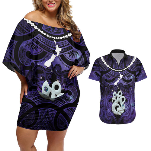 Personalised Maori Matariki Manaia Waiporoporo Couples Matching Off Shoulder Short Dress and Hawaiian Shirt Maori Kowhaiwhai Pattern Galaxy