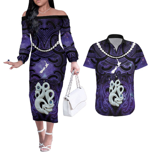 Personalised Maori Matariki Manaia Waiporoporo Couples Matching Off The Shoulder Long Sleeve Dress and Hawaiian Shirt Maori Kowhaiwhai Pattern Galaxy
