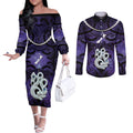 Personalised Maori Matariki Manaia Waiporoporo Couples Matching Off The Shoulder Long Sleeve Dress and Long Sleeve Button Shirt Maori Kowhaiwhai Pattern Galaxy