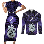 Personalised Maori Matariki Manaia Waiporoporo Couples Matching Short Sleeve Bodycon Dress and Long Sleeve Button Shirt Maori Kowhaiwhai Pattern Galaxy