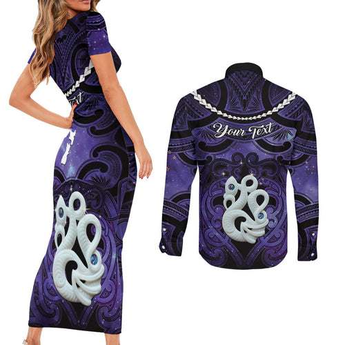 Personalised Maori Matariki Manaia Waiporoporo Couples Matching Short Sleeve Bodycon Dress and Long Sleeve Button Shirt Maori Kowhaiwhai Pattern Galaxy