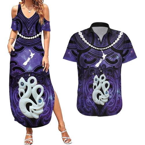 Personalised Maori Matariki Manaia Waiporoporo Couples Matching Summer Maxi Dress and Hawaiian Shirt Maori Kowhaiwhai Pattern Galaxy
