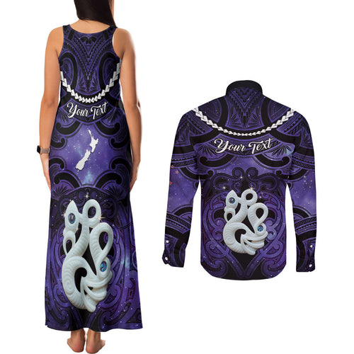 Personalised Maori Matariki Manaia Waiporoporo Couples Matching Tank Maxi Dress and Long Sleeve Button Shirt Maori Kowhaiwhai Pattern Galaxy