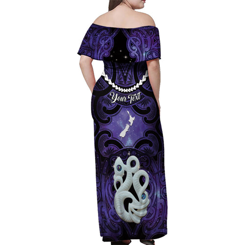 Personalised Maori Matariki Manaia Waiporoporo Family Matching Off Shoulder Maxi Dress and Hawaiian Shirt Maori Kowhaiwhai Pattern Galaxy