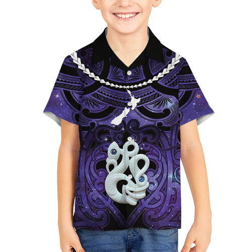 Personalised Maori Matariki Manaia Waiporoporo Family Matching Off Shoulder Short Dress and Hawaiian Shirt Maori Kowhaiwhai Pattern Galaxy