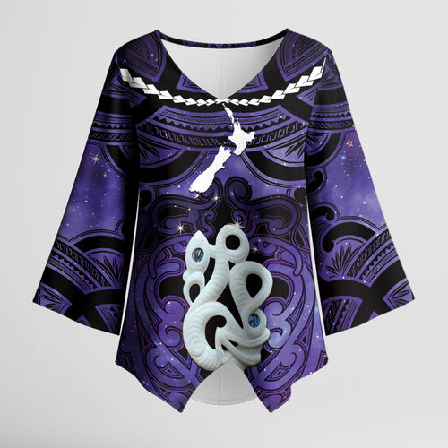 Personalised Maori Matariki Manaia Waiporoporo Kimono Sleeve Blouse Maori Kowhaiwhai Pattern Galaxy