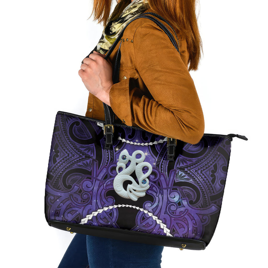 Maori Matariki Manaia Waiporoporo Leather Tote Bag Maori Kowhaiwhai Pattern Galaxy