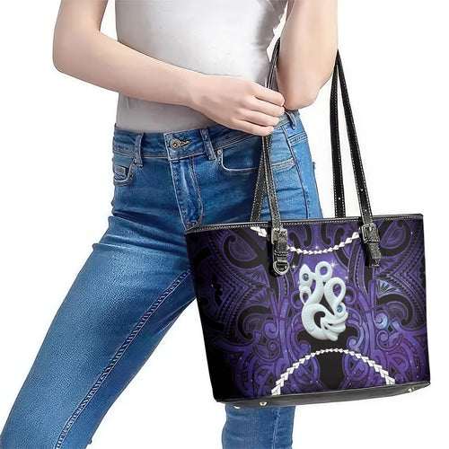 Maori Matariki Manaia Waiporoporo Leather Tote Bag Maori Kowhaiwhai Pattern Galaxy