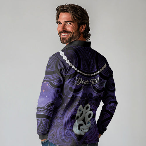 Personalised Maori Matariki Manaia Waiporoporo Long Sleeve Polo Shirt Maori Kowhaiwhai Pattern Galaxy