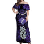 Personalised Maori Matariki Manaia Waiporoporo Off Shoulder Maxi Dress Maori Kowhaiwhai Pattern Galaxy
