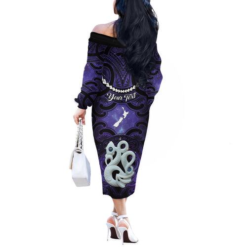 Personalised Maori Matariki Manaia Waiporoporo Off The Shoulder Long Sleeve Dress Maori Kowhaiwhai Pattern Galaxy