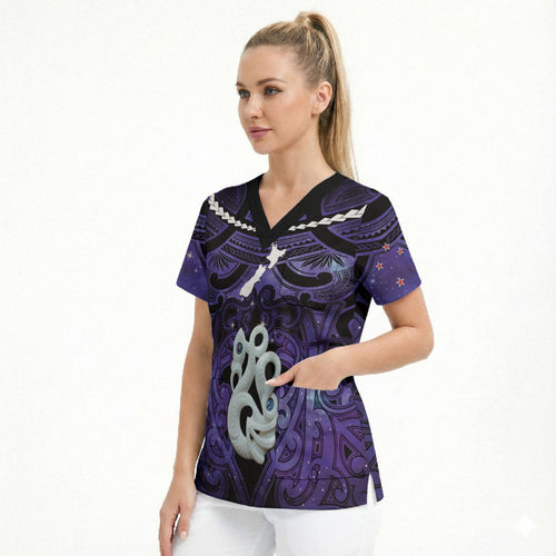 Personalised Maori Matariki Manaia Waiporoporo Scrub Top Maori Kowhaiwhai Pattern Galaxy