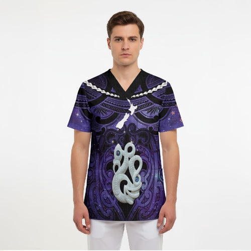 Personalised Maori Matariki Manaia Waiporoporo Scrub Top Maori Kowhaiwhai Pattern Galaxy