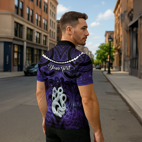 Personalised Maori Matariki Manaia Waiporoporo Zipper Polo Shirt Maori Kowhaiwhai Pattern Galaxy