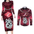 Personalised Maori Matariki Manaia Whero Couples Matching Long Sleeve Bodycon Dress and Long Sleeve Button Shirt Maori Kowhaiwhai Pattern Galaxy