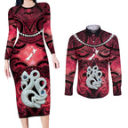 Personalised Maori Matariki Manaia Whero Couples Matching Long Sleeve Bodycon Dress and Long Sleeve Button Shirt Maori Kowhaiwhai Pattern Galaxy