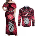 Personalised Maori Matariki Manaia Whero Couples Matching Off Shoulder Maxi Dress and Long Sleeve Button Shirt Maori Kowhaiwhai Pattern Galaxy