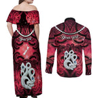 Personalised Maori Matariki Manaia Whero Couples Matching Off Shoulder Maxi Dress and Long Sleeve Button Shirt Maori Kowhaiwhai Pattern Galaxy