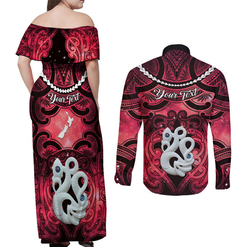 Personalised Maori Matariki Manaia Whero Couples Matching Off Shoulder Maxi Dress and Long Sleeve Button Shirt Maori Kowhaiwhai Pattern Galaxy