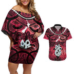 Personalised Maori Matariki Manaia Whero Couples Matching Off Shoulder Short Dress and Hawaiian Shirt Maori Kowhaiwhai Pattern Galaxy