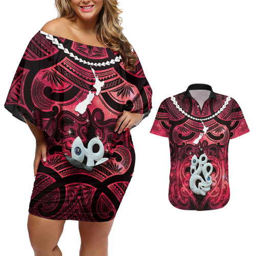 Personalised Maori Matariki Manaia Whero Couples Matching Off Shoulder Short Dress and Hawaiian Shirt Maori Kowhaiwhai Pattern Galaxy