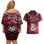 Personalised Maori Matariki Manaia Whero Couples Matching Off Shoulder Short Dress and Hawaiian Shirt Maori Kowhaiwhai Pattern Galaxy