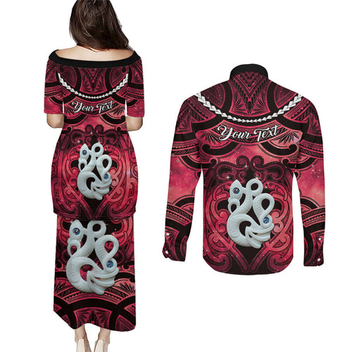 Personalised Maori Matariki Manaia Whero Couples Matching Puletasi and Long Sleeve Button Shirt Maori Kowhaiwhai Pattern Galaxy