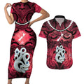 Personalised Maori Matariki Manaia Whero Couples Matching Short Sleeve Bodycon Dress and Hawaiian Shirt Maori Kowhaiwhai Pattern Galaxy
