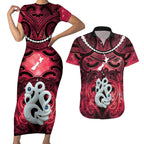 Personalised Maori Matariki Manaia Whero Couples Matching Short Sleeve Bodycon Dress and Hawaiian Shirt Maori Kowhaiwhai Pattern Galaxy